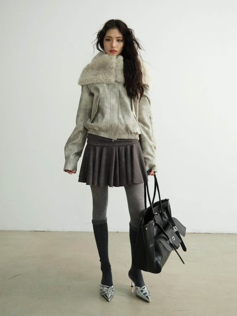 Faux Leather Jacket With Plush Oversized Fur Hood - My Store