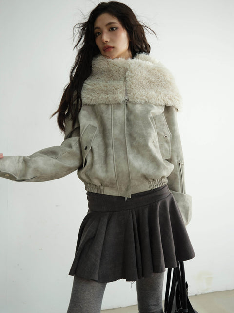 Faux Leather Jacket With Plush Oversized Fur Hood - My Store