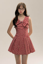 Red Check Floral Bow Vest Dress - My Store