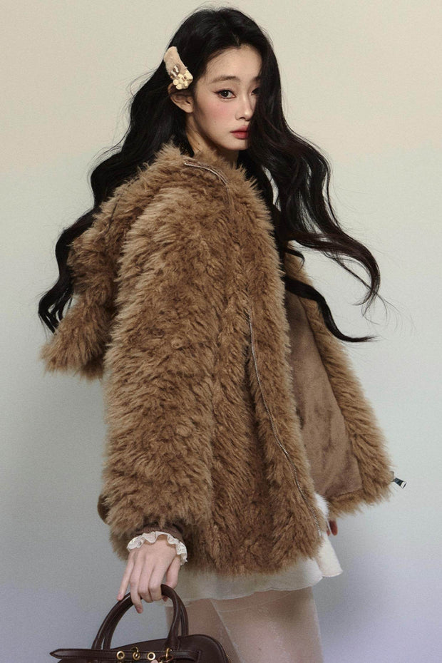 Rabbit Fur Hooded Plush Coat - My Store