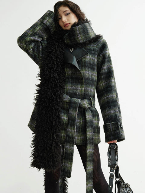 Plaid Belted Coat With Matching Long Fur Scarf - My Store