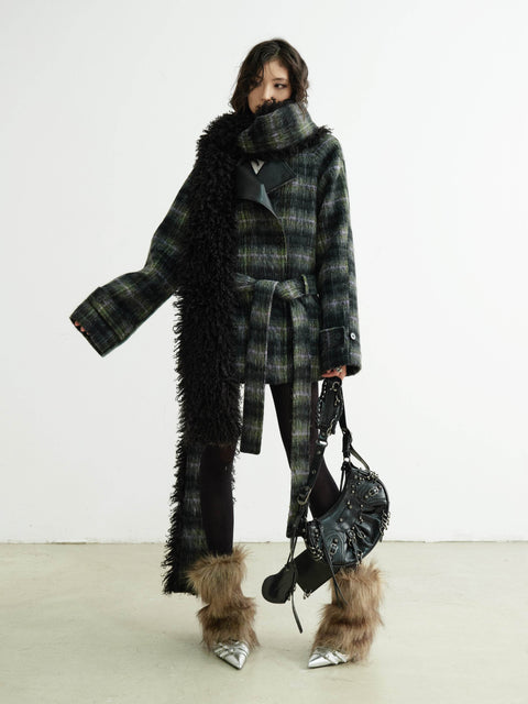 Plaid Belted Coat With Matching Long Fur Scarf - My Store