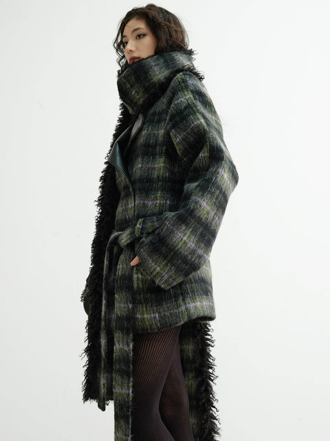 Plaid Belted Coat With Matching Long Fur Scarf - My Store