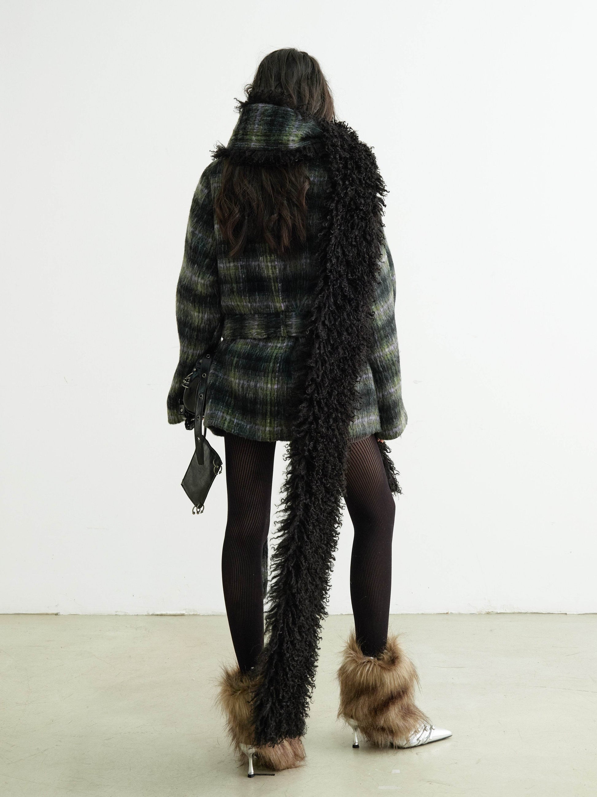 Plaid Belted Coat With Matching Long Fur Scarf - My Store