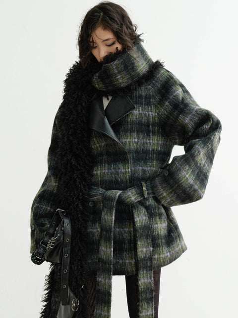 Plaid Belted Coat With Matching Long Fur Scarf - My Store