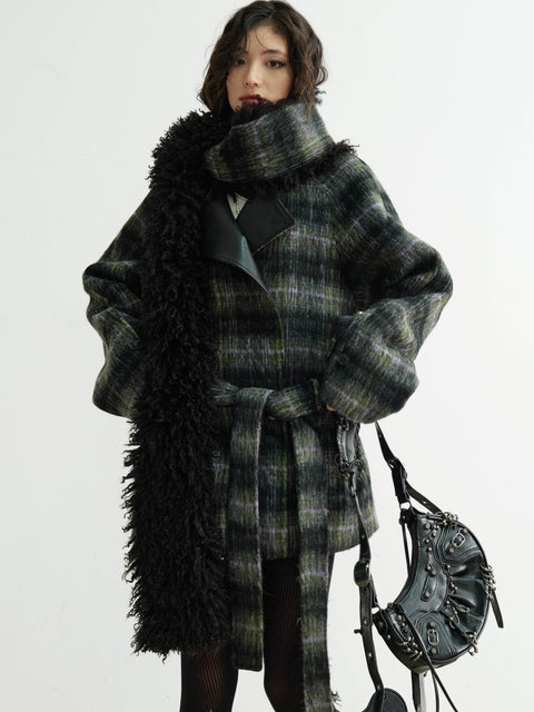 Plaid Belted Coat With Matching Long Fur Scarf - My Store