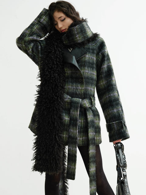 Plaid Belted Coat With Matching Long Fur Scarf - My Store