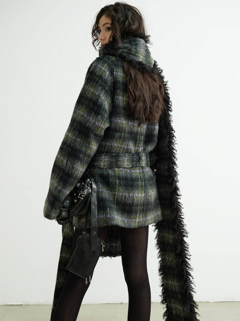 Plaid Belted Coat With Matching Long Fur Scarf - My Store