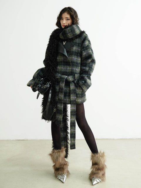 Plaid Belted Coat With Matching Long Fur Scarf - My Store