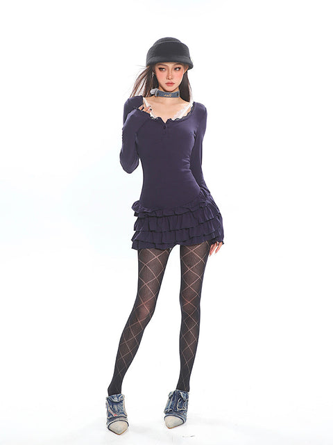 Tiered Ruffle Long Sleeve Mini Dress with Lace Trim