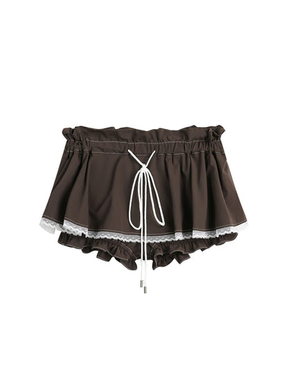 Lace Color-Blocked Shirred Shorts Skirt