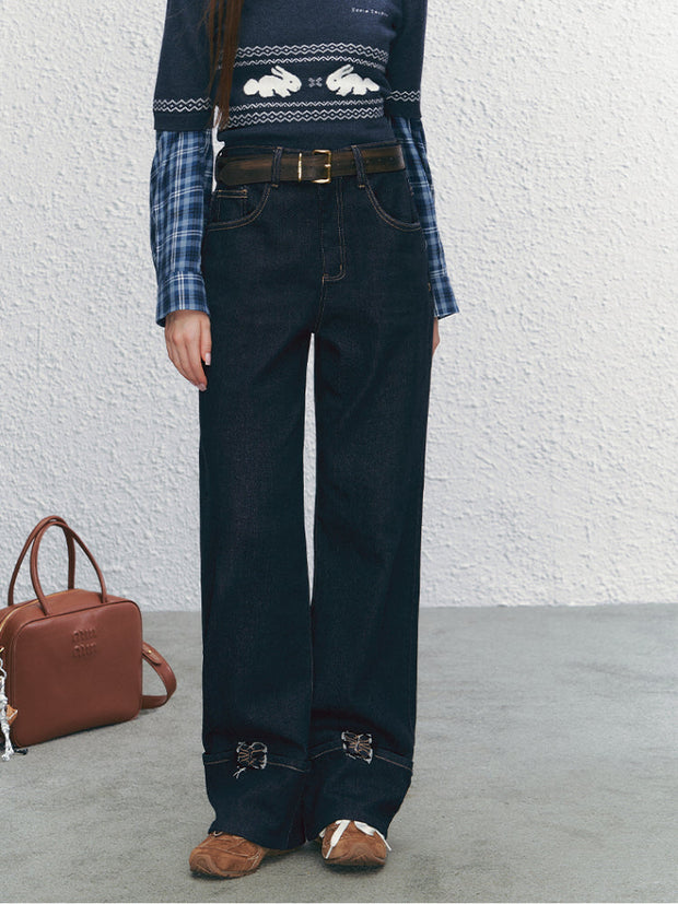 Embroidered Wide-Legged Flared Denim Pants