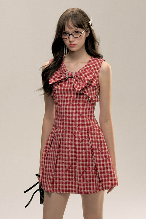 Red Check Floral Bow Vest Dress - My Store