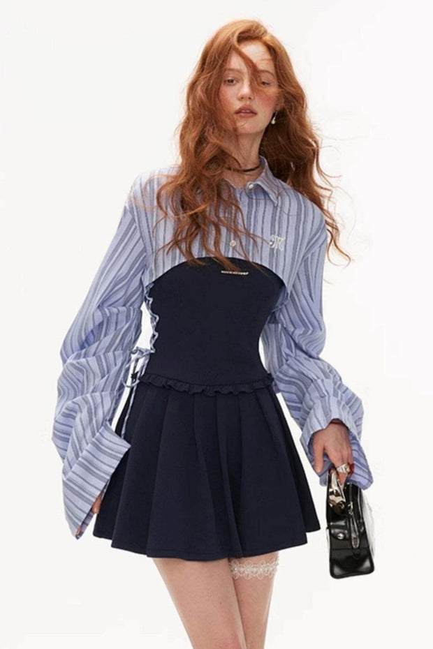 Striped Shirt And Cinched Waist Dress Set-Up - My Store