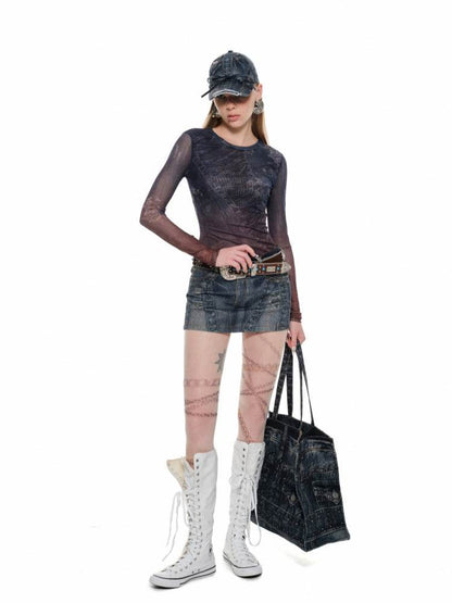 Denim Blue Printed Bodycon Skirt - My Store