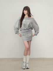 Rhinestone Letter One-Shoulder Sweatshirt & Skirt Set