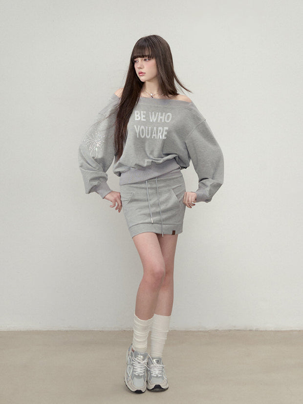 Rhinestone Letter One-Shoulder Sweatshirt & Skirt Set