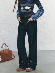 Embroidered Wide-Legged Flared Denim Pants