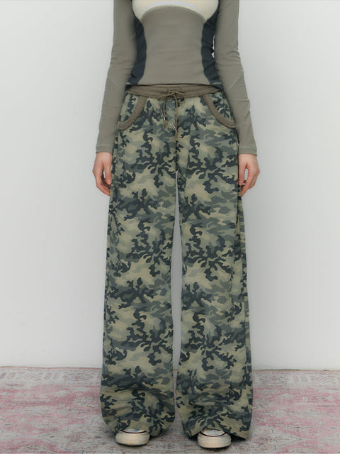 Camouflage Embroidered Loose Fit Wide Leg Pants