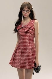 Red Check Floral Bow Vest Dress - My Store