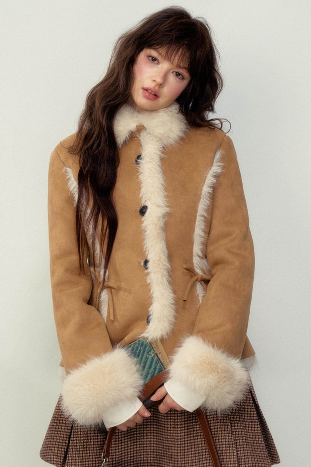 Khaki Pink Fur Integrated Jacket - My Store