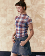 Mock Neck Check Tops / Box Pleated Skirts