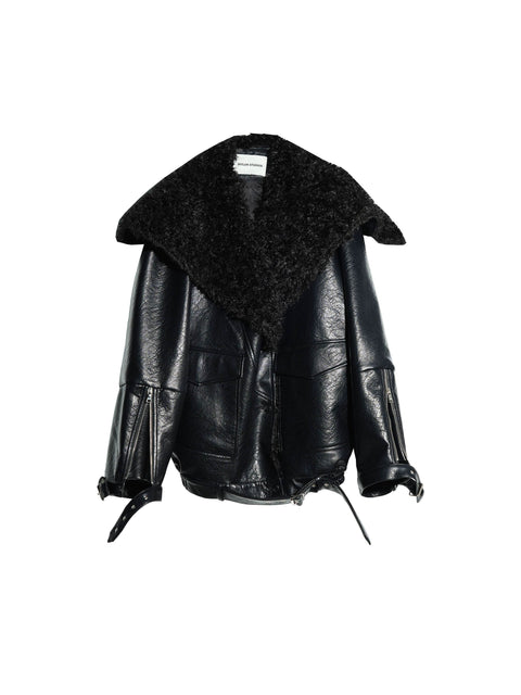 Textured Finish Faux Leather Fur Collar Jacket - My Store