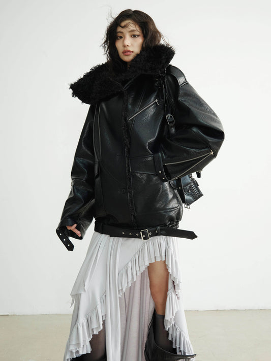 Textured Finish Faux Leather Fur Collar Jacket - My Store