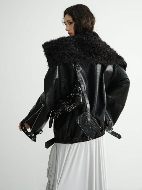 Textured Finish Faux Leather Fur Collar Jacket - My Store