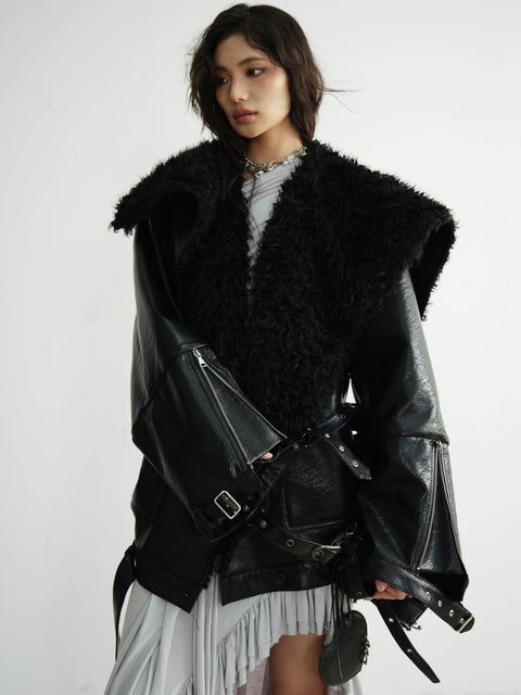 Textured Finish Faux Leather Fur Collar Jacket - My Store