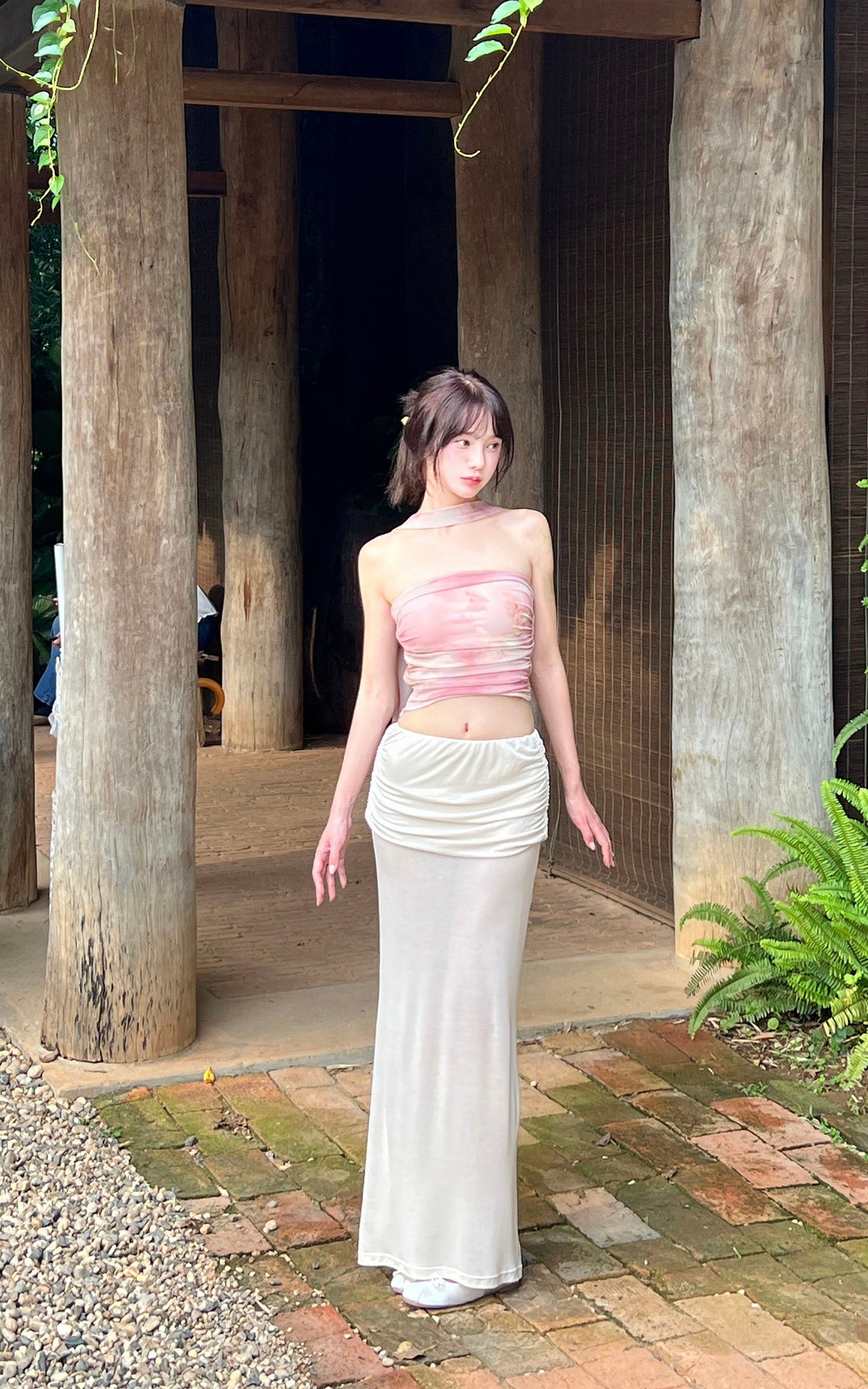 Watercolor Mesh Bandeau Top with Wrap Scarf
