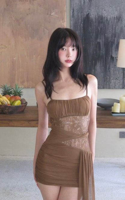 Mesh Draped Lace Mini Dress
