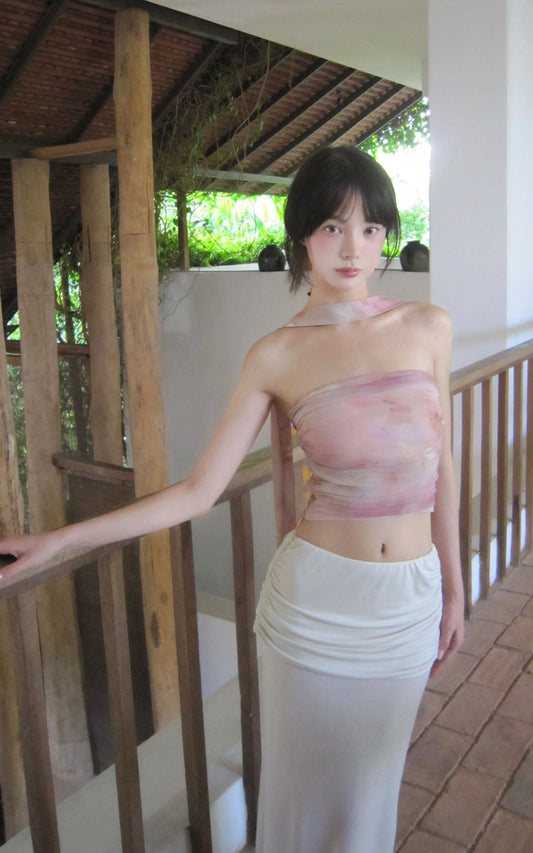 Watercolor Mesh Bandeau Top with Wrap Scarf