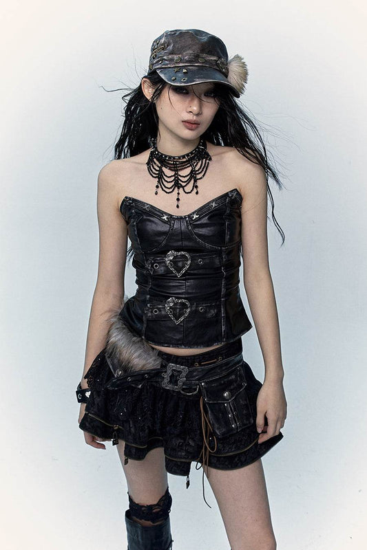 Heart Buckle Leather Bustier - My Store