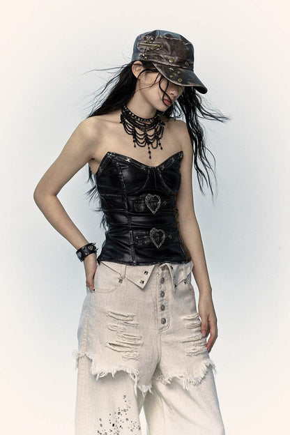 Heart Buckle Leather Bustier - My Store