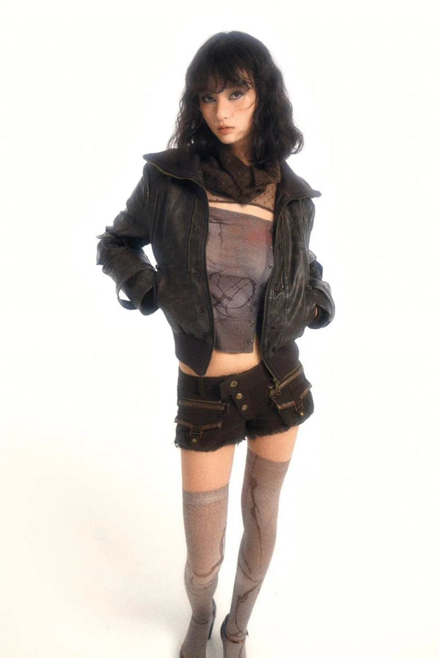 Fur Dark Leather Coat - My Store