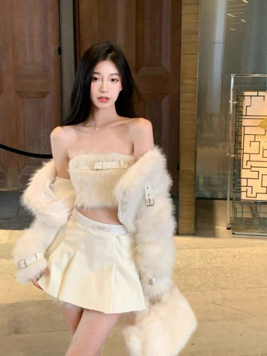 Fur Belt Top & Skirt Jacket Set
