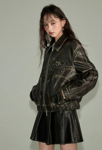 Vintage Bow Leather Zipper Jacket