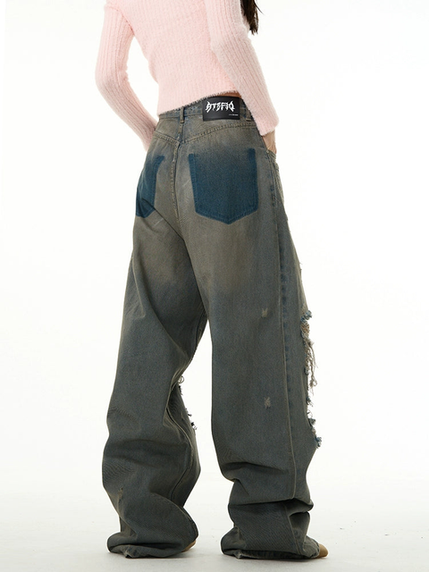 Loose Straight Damage Denim Jeans