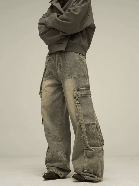 Multiple Pockets Wide-leg Cargo Denim Jeans