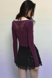 Butterfly Embroidery Long-Sleeve V-Neck T-Shirt - My Store