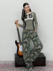 Camouflage Embroidered Loose Fit Wide Leg Pants