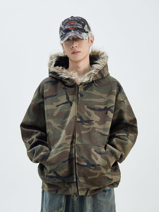 Fur Trim Camouflage Hoodie