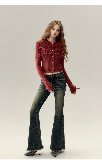 Dark Blue Denim Bow Wide-Leg Pants