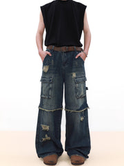 Damage Multi Pocket Straight Leg Denim Jeans