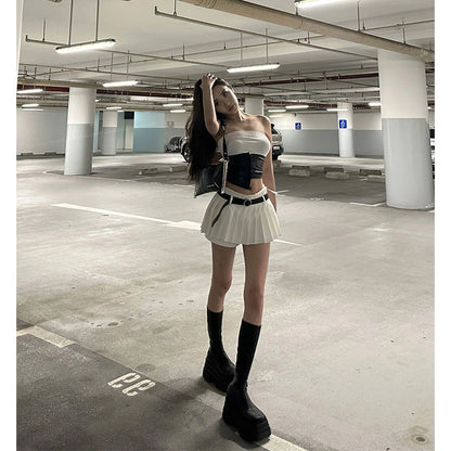 Belt Pleated Shorts Skirt