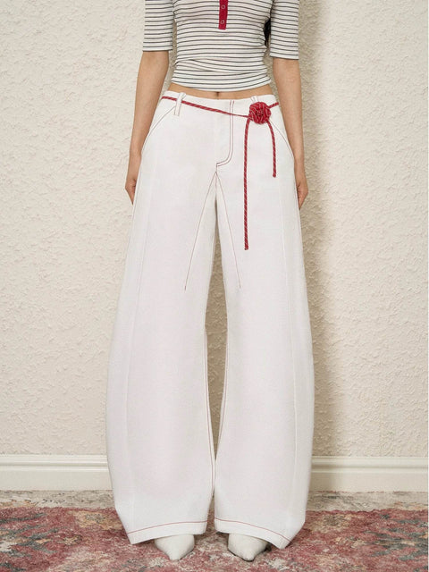 Rose Belt Contrast Stitch Curved Jeans - My Store