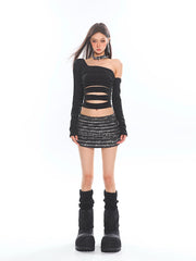 Asymmetric Sleeve Cutout Ruched Crop Top