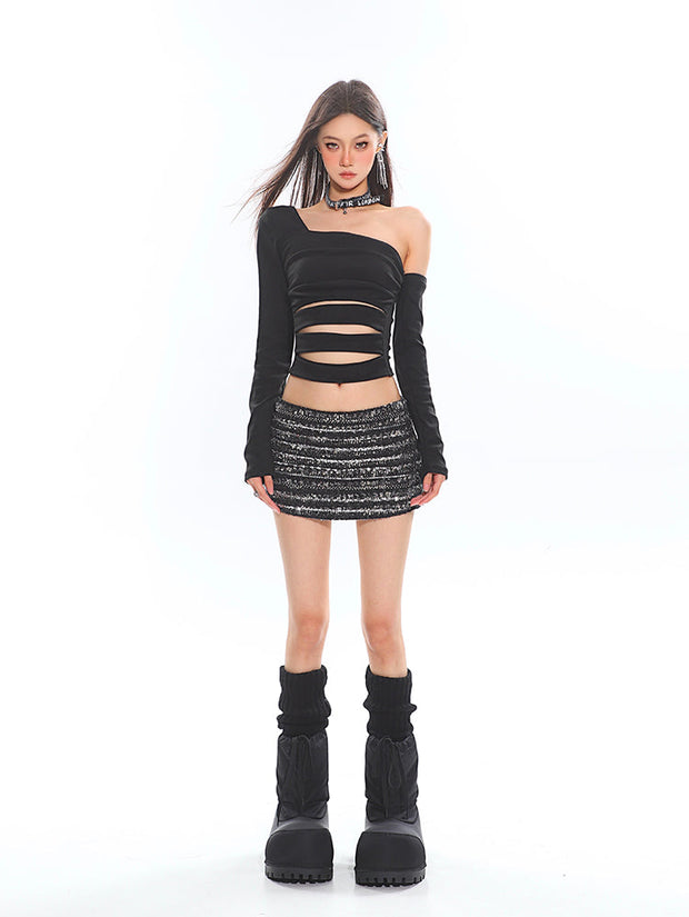 Asymmetric Sleeve Cutout Ruched Crop Top