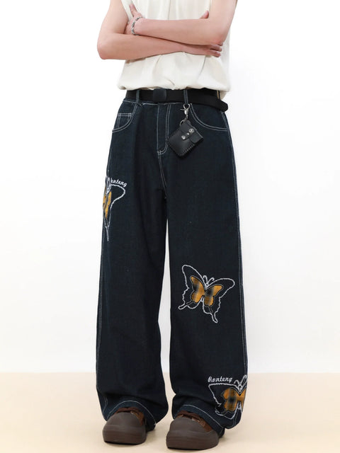 バタフライ刺繍ストレートレッグデニムジーンズ